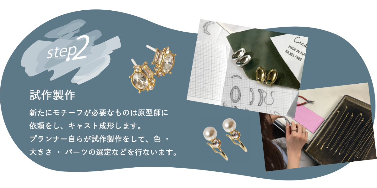 新たにモチーフが必要なものは原型師に依頼をし、キャスト成形します。プランナー自らが試作製作をして、色・大きさ・パーツの選定などを行います。