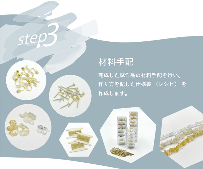 完成した試作品の材料手配を行い、 作り方を 記した仕様書 （レシピ） を作成します。