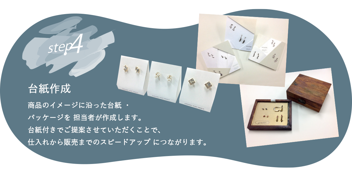 商品のイメージに沿った台紙 ・ パッケージを 担当者が作成します。 台紙付きでご提案させてい ただくことで、 仕入れから販売までのスピードアップ につながります。 